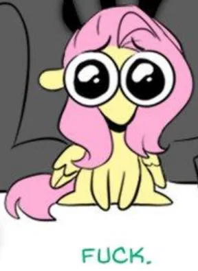 A cartoon bird with pink hair and oversized eyes sits on a couch, looking shocked or overwhelmed. The text 'FUCK.' is…