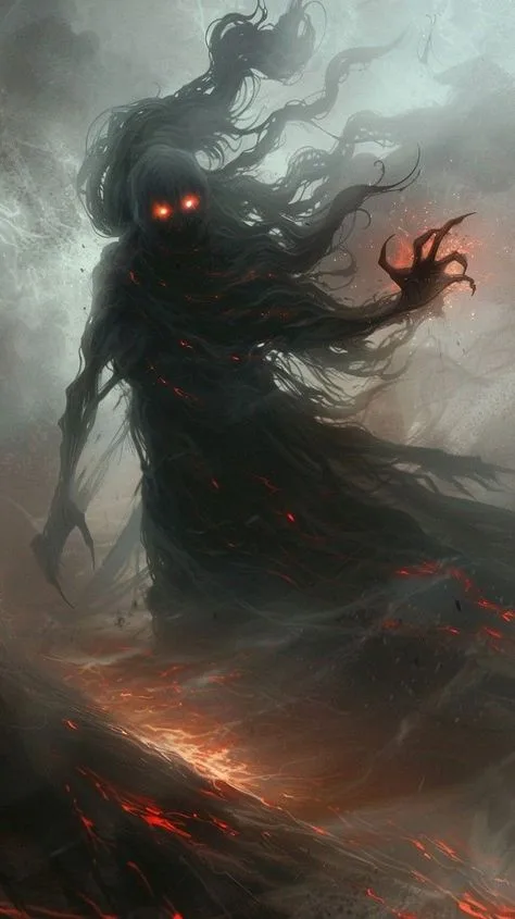 A dark, shadowy humanoid figure with glowing red eyes and long, flowing black hair stands amidst a field of glowing red lava…