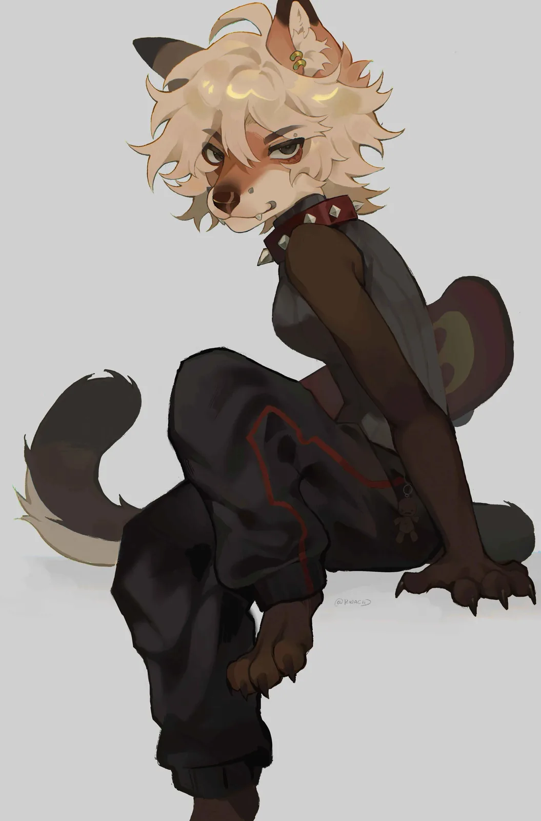 An anthropomorphic fox character with light brown and white fur, wearing a dark outfit with red trim and a spiked collar…