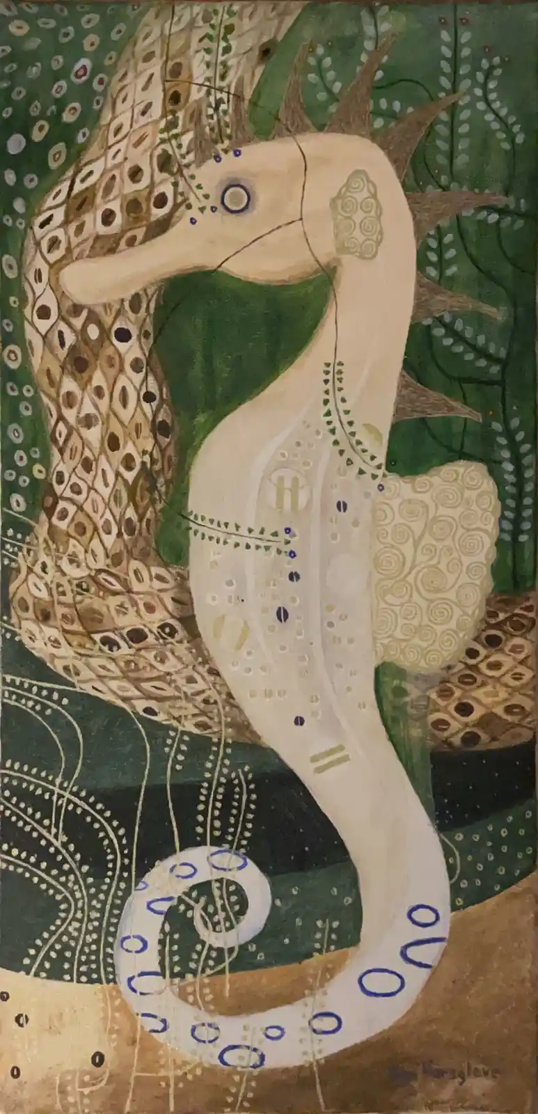 A stylized, ornate painting of a seahorse with intricate patterns and swirls on its body, set against a green, textured…