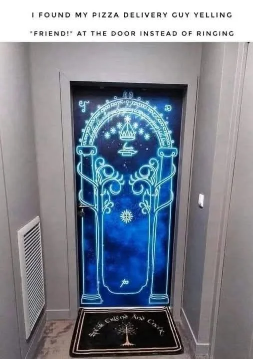 A plain interior door is decorated with glowing blue Elvish runes and imagery resembling the Doors of Durin from Lord of the…