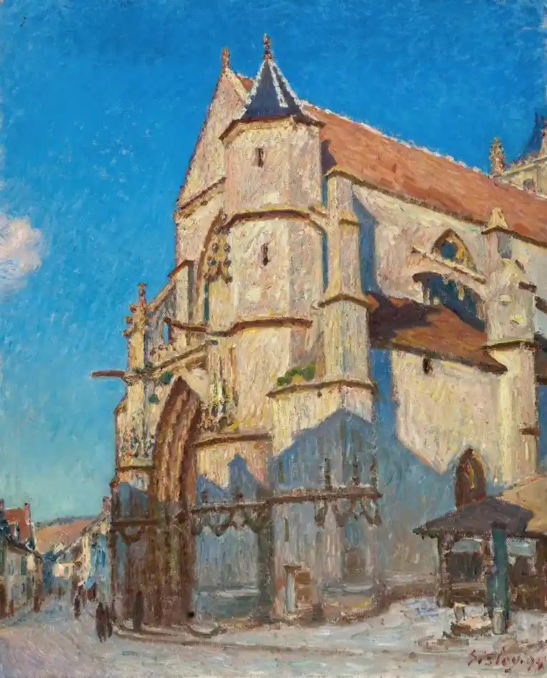 a painting of a large, ornate stone church under a bright blue sky, with visible brushstrokes and a street scene in the…