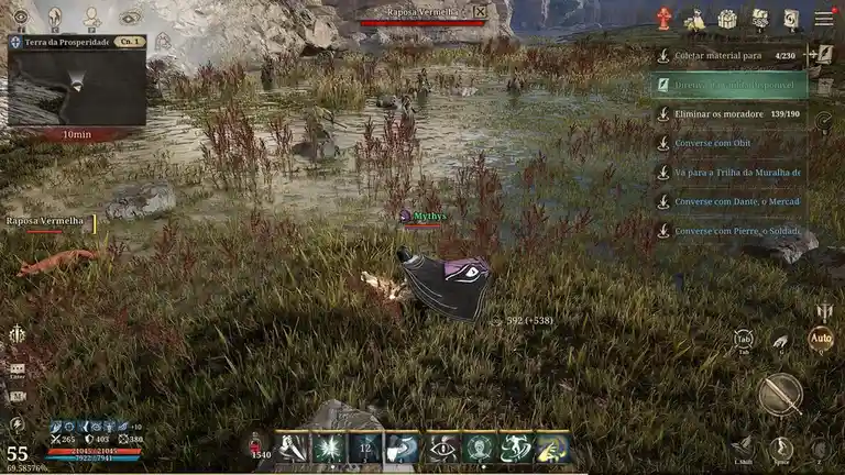 A screenshot from a video game shows a character named 'Mythys' lying prone in tall grass near a body of water, with a red…