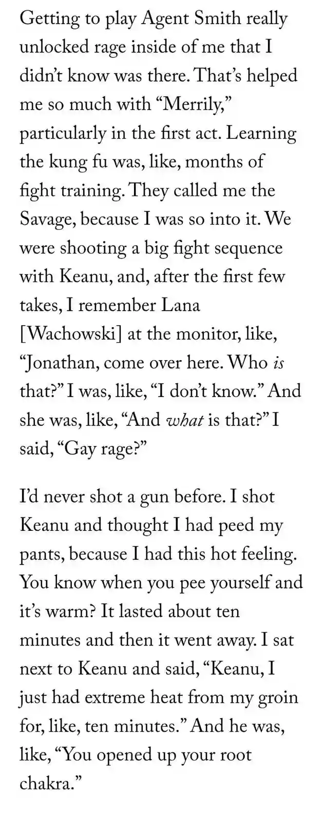 The image is a plain white background with black text, which is a transcription of Jonathan Groff's anecdote about playing…