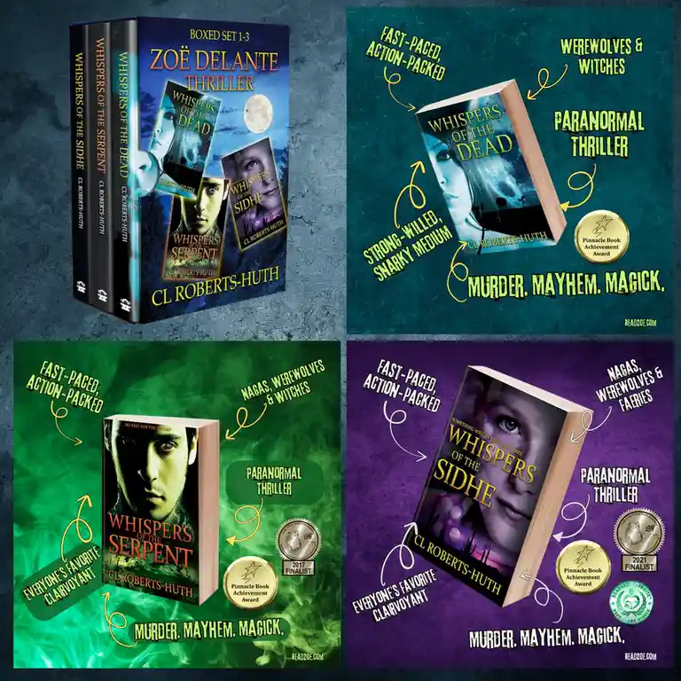 A promotional image for the 'Whispers' trilogy by CL Roberts-Huth, showing a boxed set and three individual book covers…