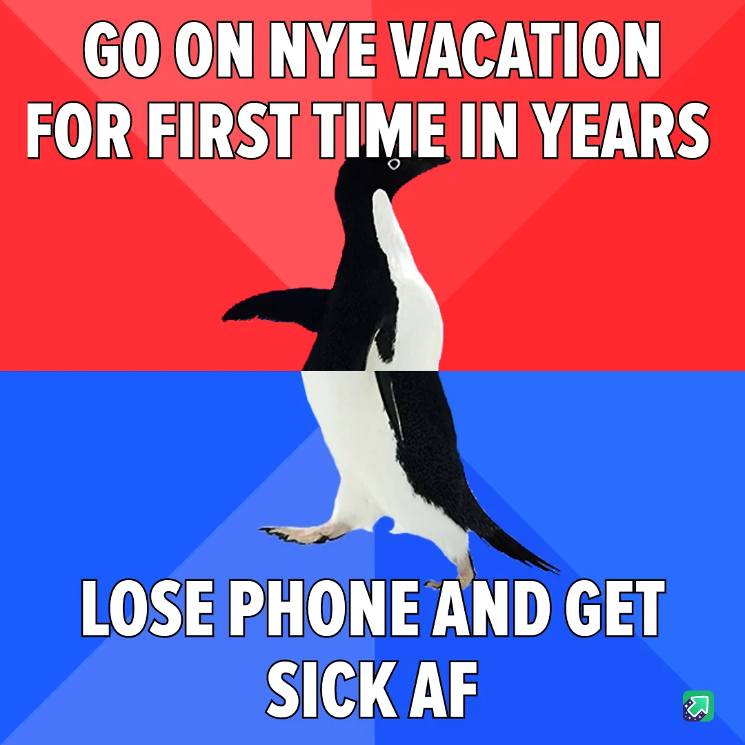 A penguin stands centered against a red and blue background, with bold white text above reading 'GO ON NYE VACATION FOR…