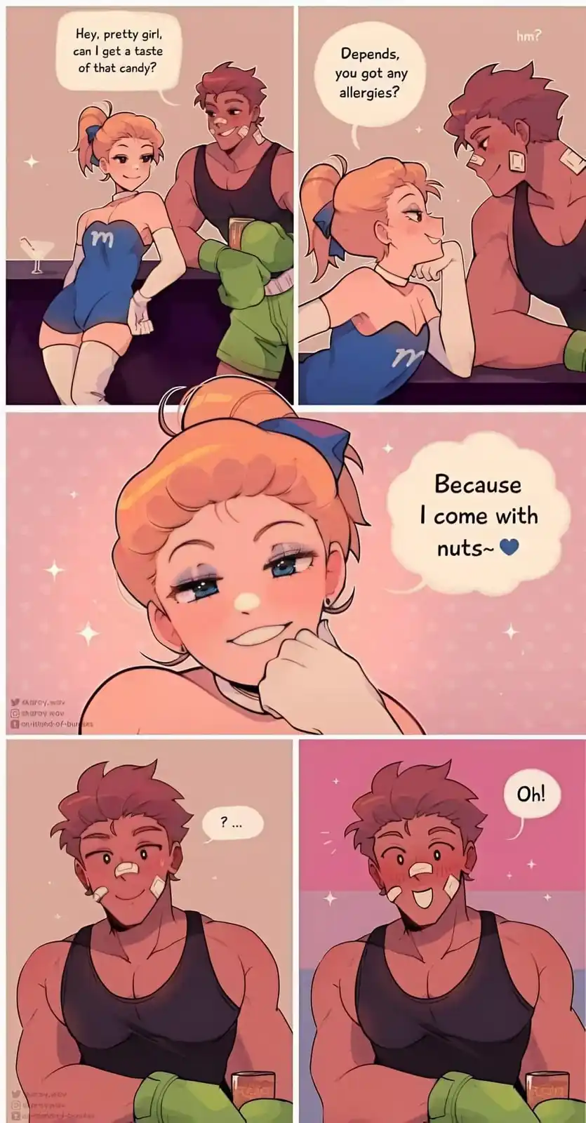 A five-panel comic strip shows a muscular man in boxing gloves asking a woman in a blue outfit for a taste of candy. She…