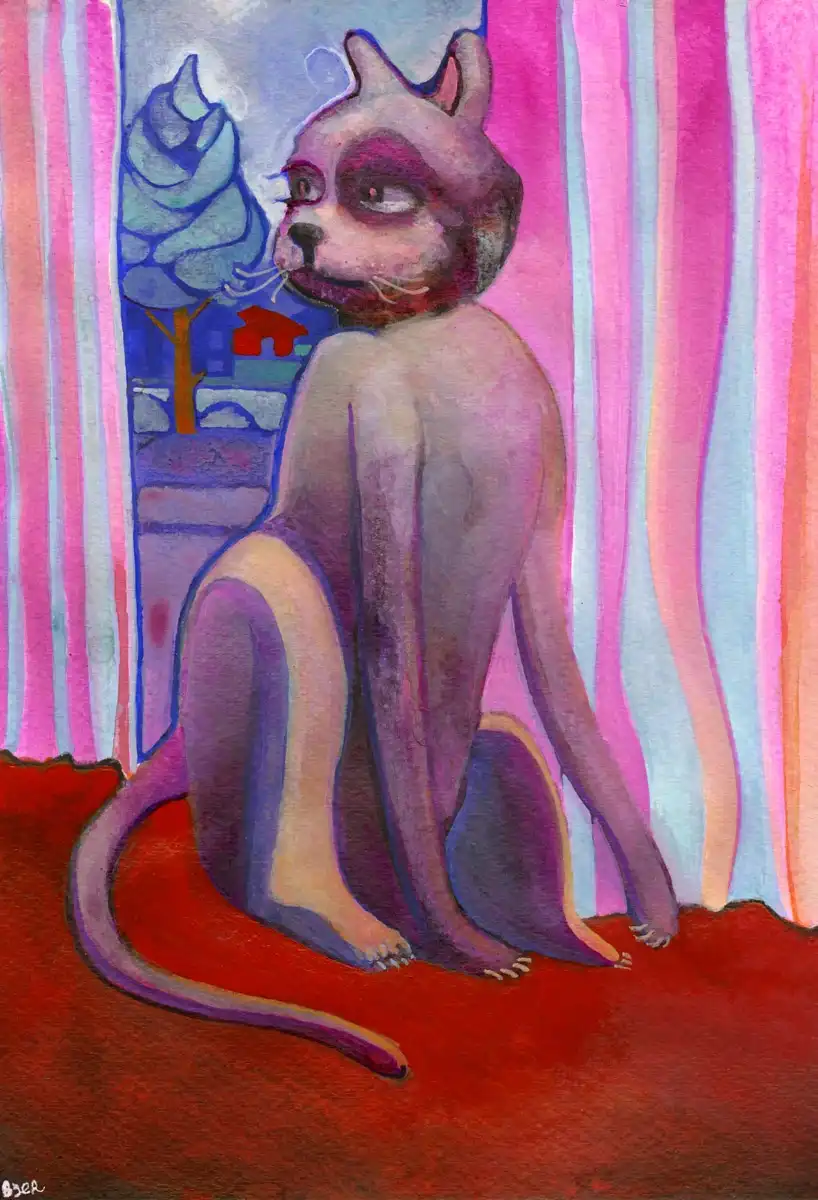 A curious cat lounging by the curtains