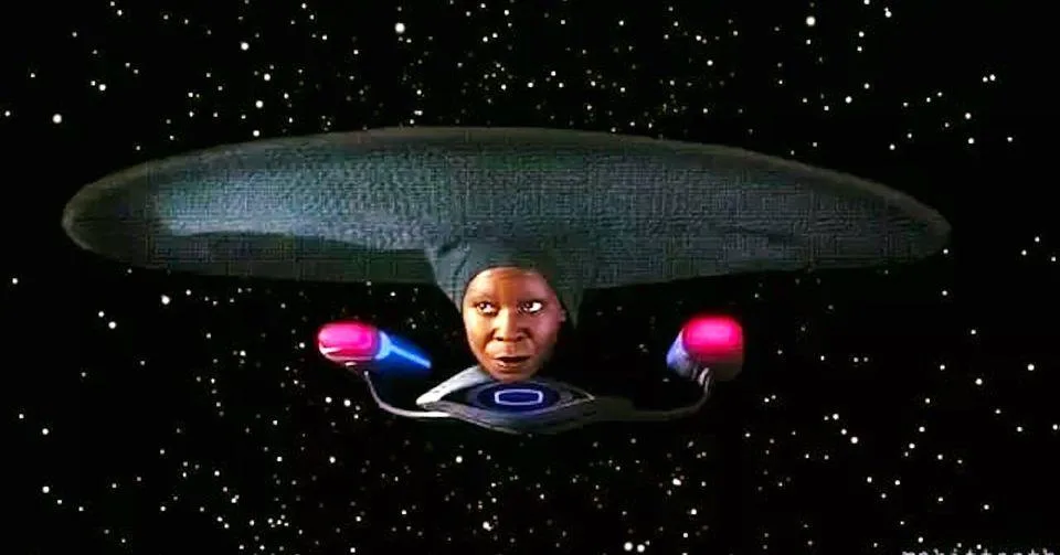 A digitally altered image shows a spaceship from Star Trek with a woman's face superimposed on the front, set against a…