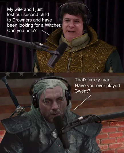 The image is a two-panel meme featuring two men in front of microphones. The top panel shows a man in a gold-embroidered…