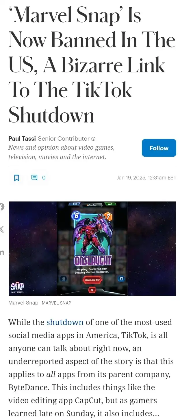 A screenshot of a news article headline about Marvel Snap being banned in the US, linked to TikTok's shutdown. The article…