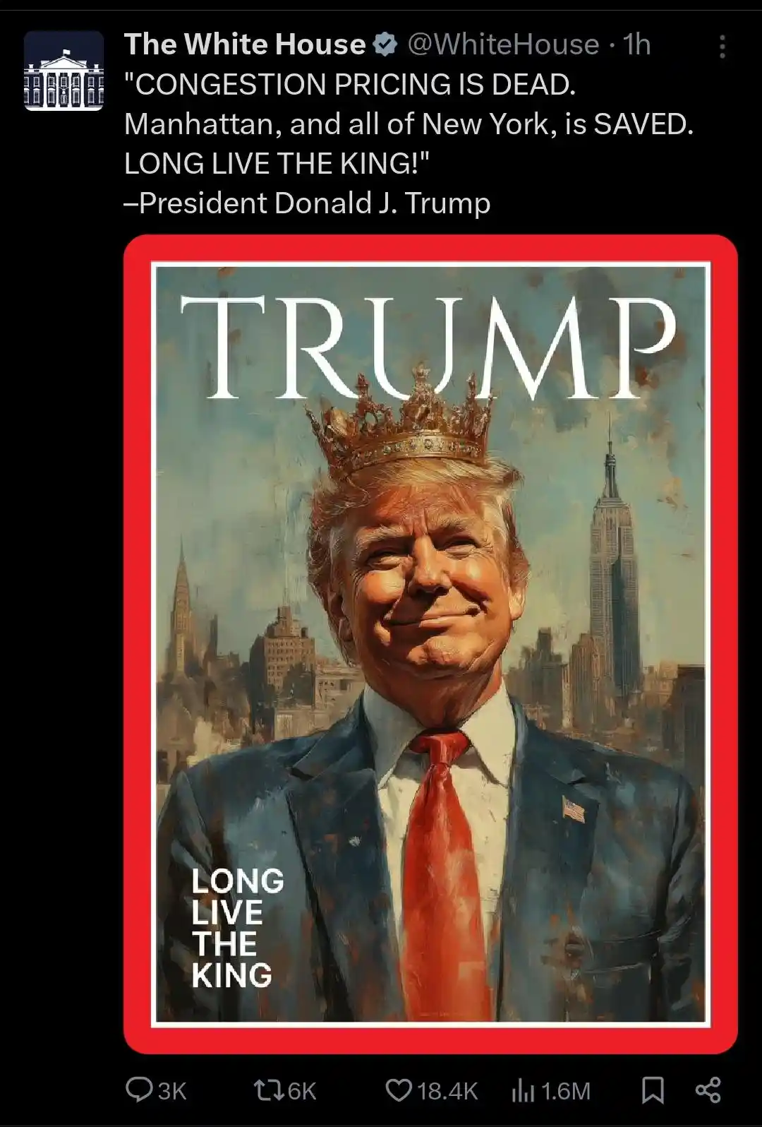 A digitally altered image mimicking a magazine cover features Donald Trump wearing a golden crown, smiling, against a New…