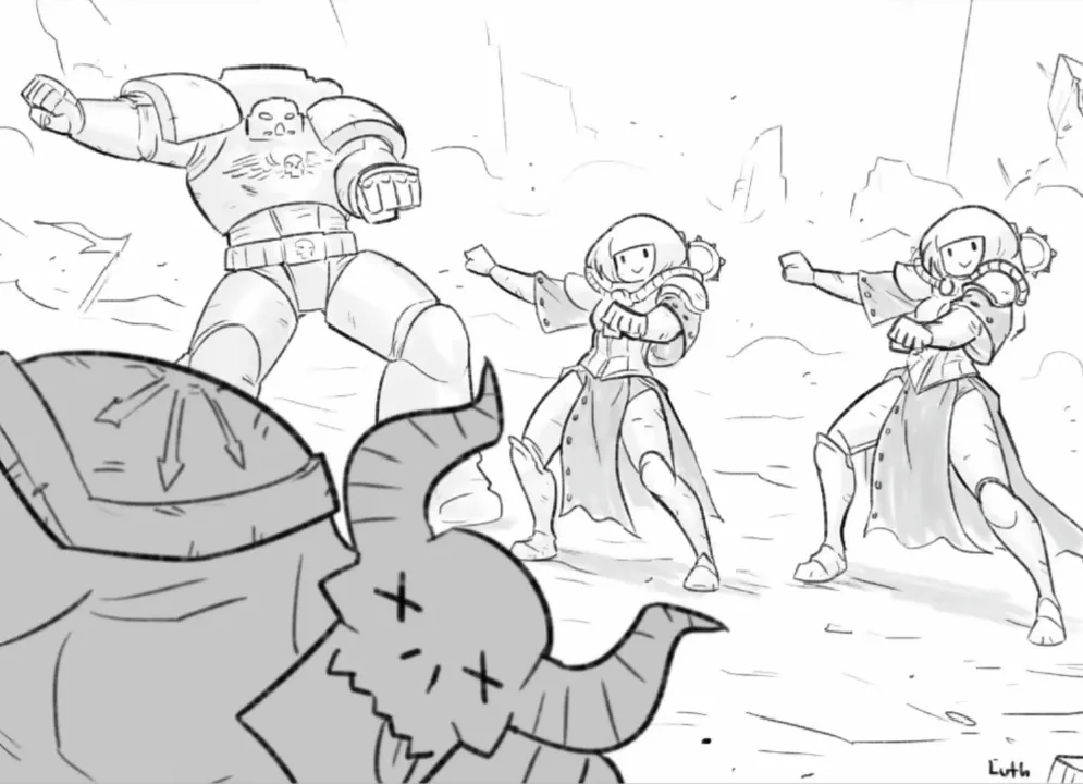 A black-and-white sketch shows three armored figures posing heroically in a rocky landscape, while a defeated, horned demon…