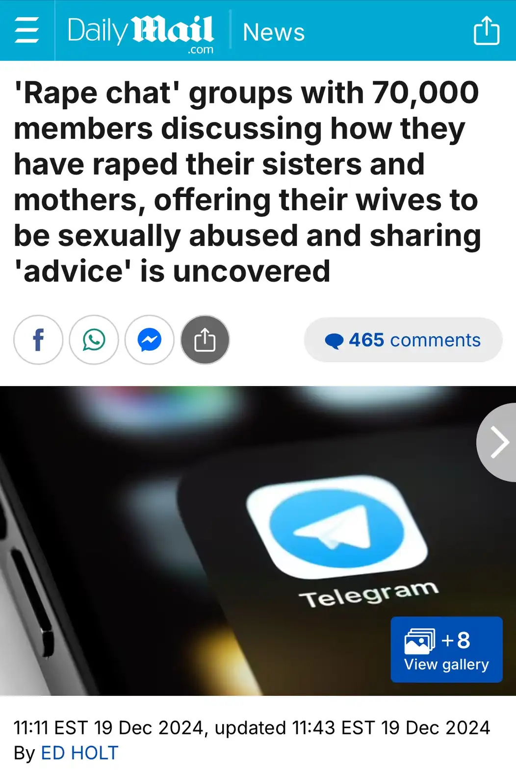 A screenshot of a Daily Mail news article headline about 'Rape chat' groups on Telegram. The image shows a close-up of a…