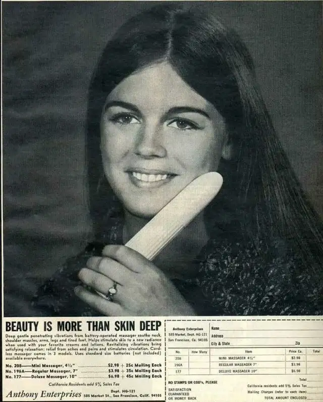 A vintage black-and-white print advertisement for a battery-operated massage device, featuring a smiling woman holding a…