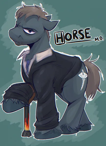 A dark gray anthropomorphic horse wearing a black doctor's coat over a white shirt and tie, holding a flaming cane. The…