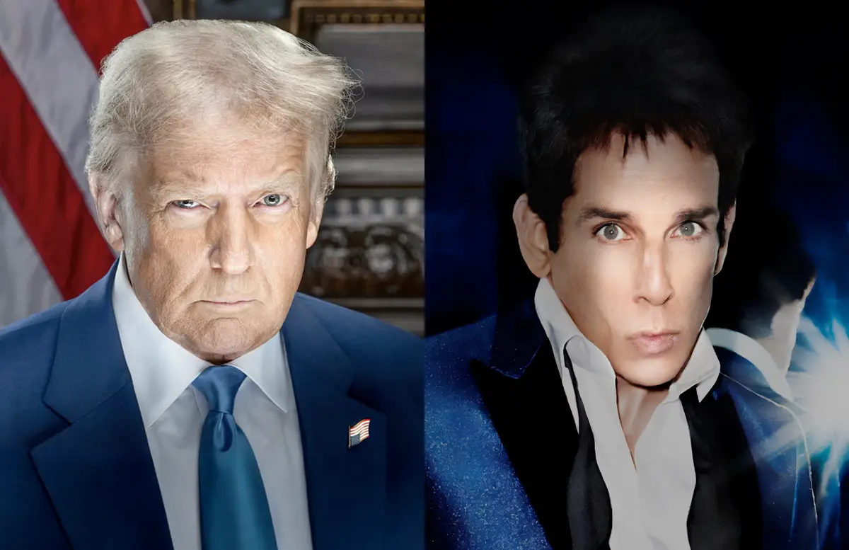 The image is split vertically, showing Donald Trump on the left in a blue suit with an American flag pin, and singer Steve…