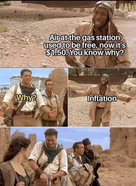 A three-panel meme using scenes from 'The Mummy' (1999). Top panel: Rick O'Connell ( Brendan Fraser) asks why air at gas…