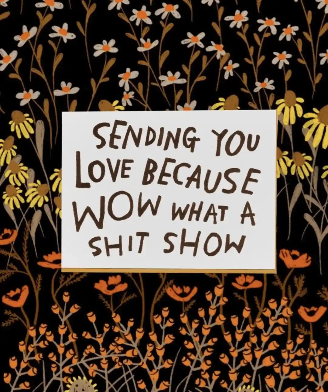 A white rectangular card with handwritten-style brown text is centered on a black background filled with stylized…
