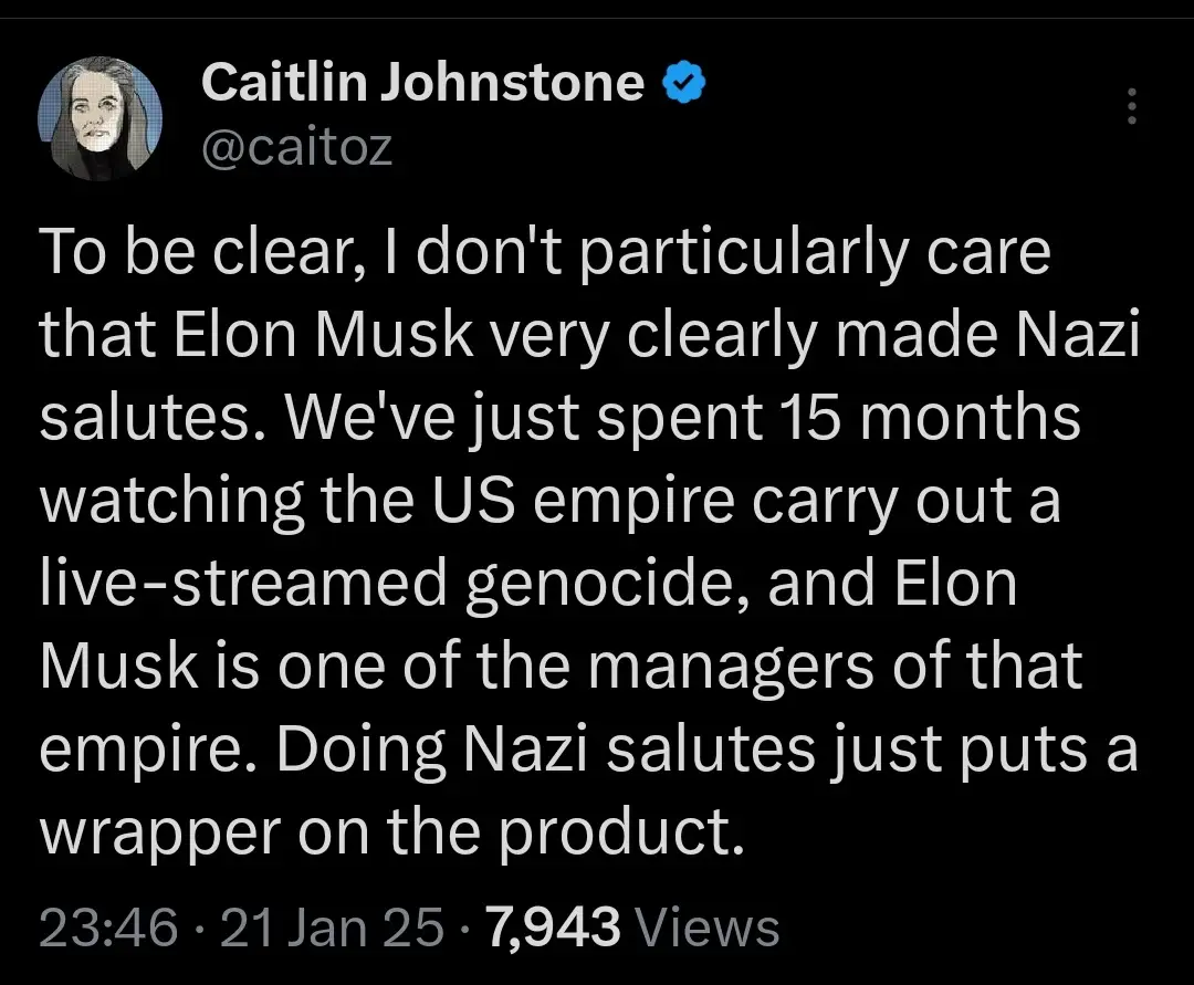 A screenshot of a tweet by verified user Caitlin Johnstone (@caitoz) with white text on a black background. The tweet states…