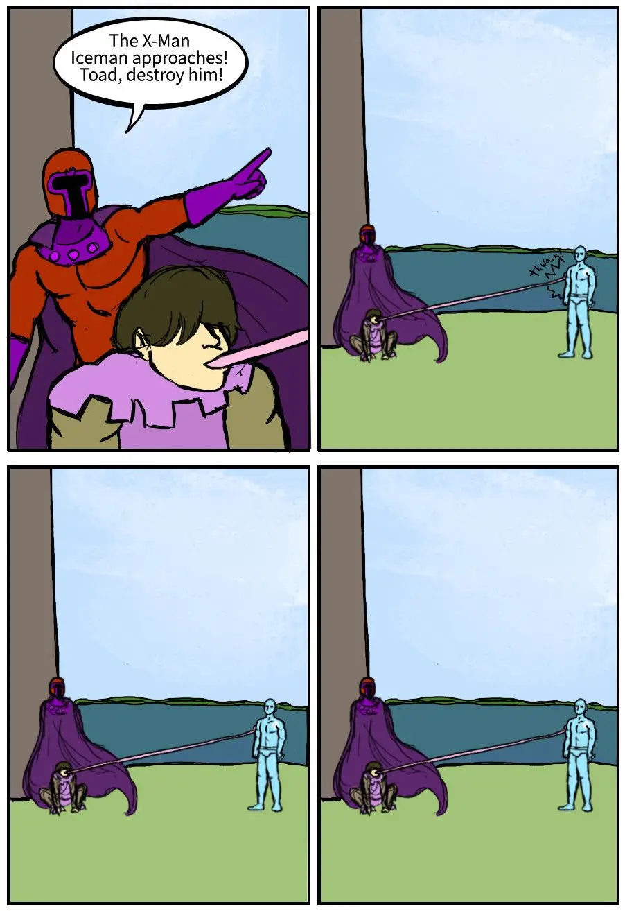 A four-panel comic strip shows Magneto ordering Toad to attack Iceman. Toad, crouching, uses his tongue to lunge at Iceman…