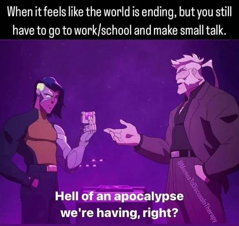 Two animated characters stand in a purple-hued scene; one holds a small device while the other gestures toward them. The…