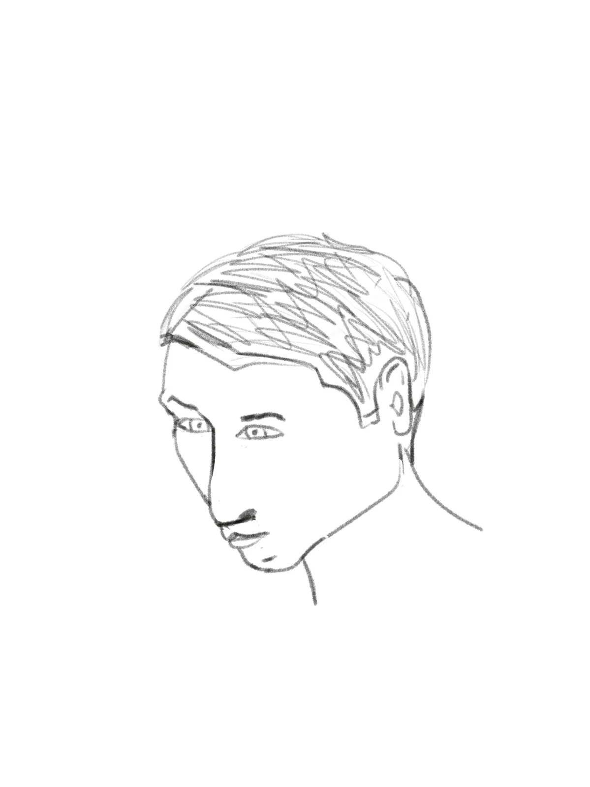 A simple black-and-white sketch of a person's head and shoulders, drawn with quick, sketchy lines, looking slightly to the…
