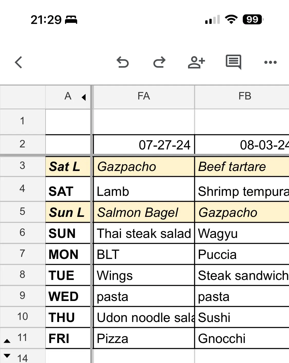 A spreadsheet shows a weekly meal plan for two people, labeled FA and FB, with dates and food items. Row 3 shows 'Sat L'…