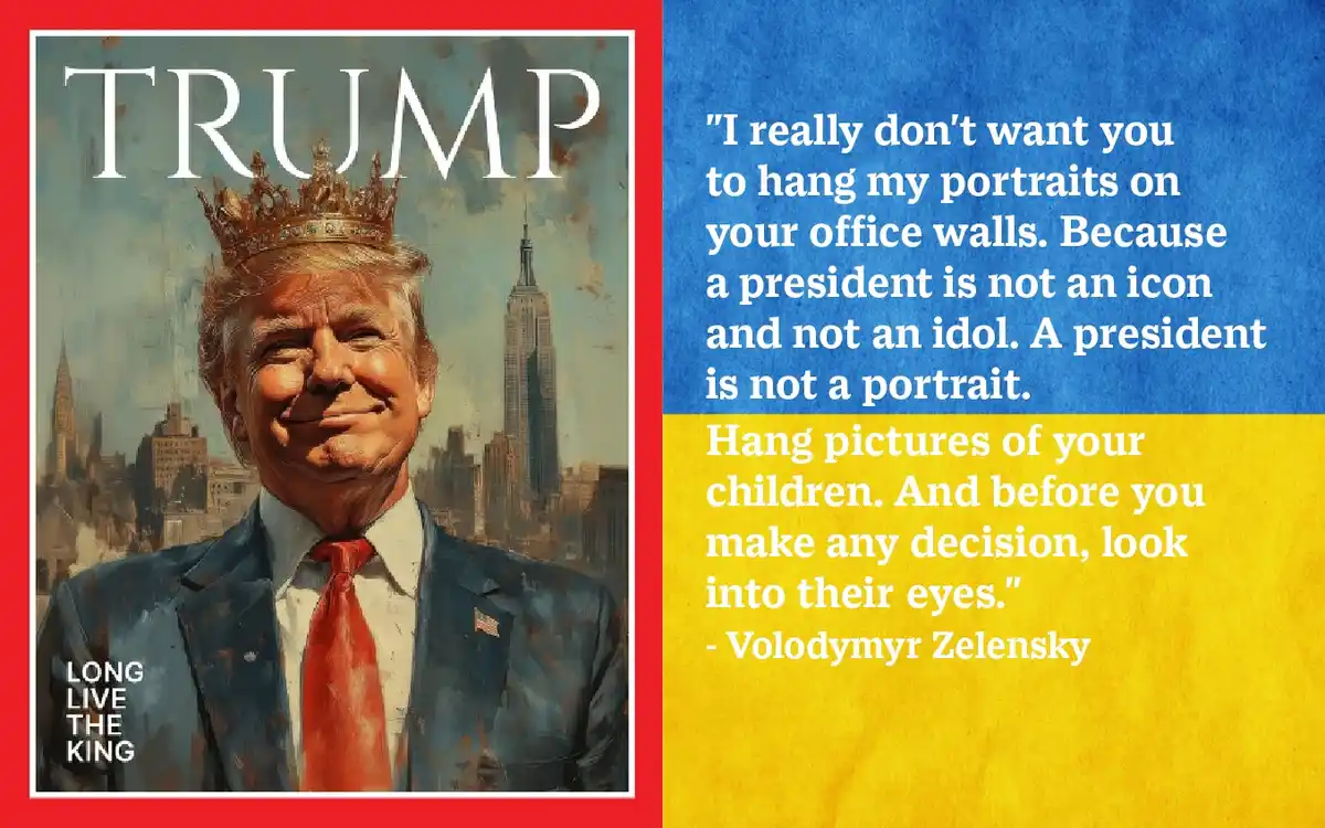 The image shows a stylized portrait of Donald Trump wearing a golden crown, set against a New York City skyline with the…