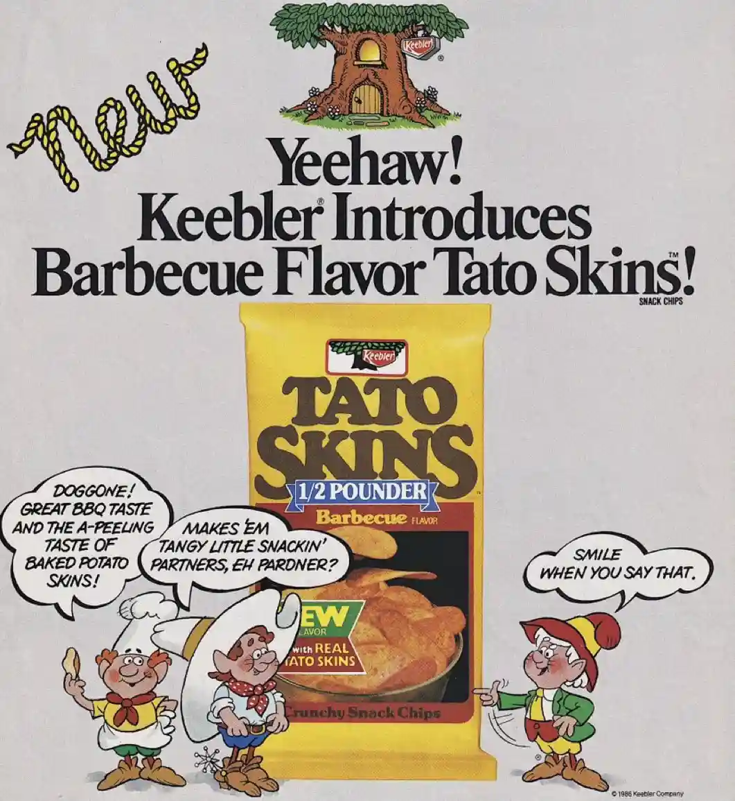 An old Keebler Tato Skins advertisement featuring three cartoon elves around a yellow bag of barbecue-flavored snack chips…