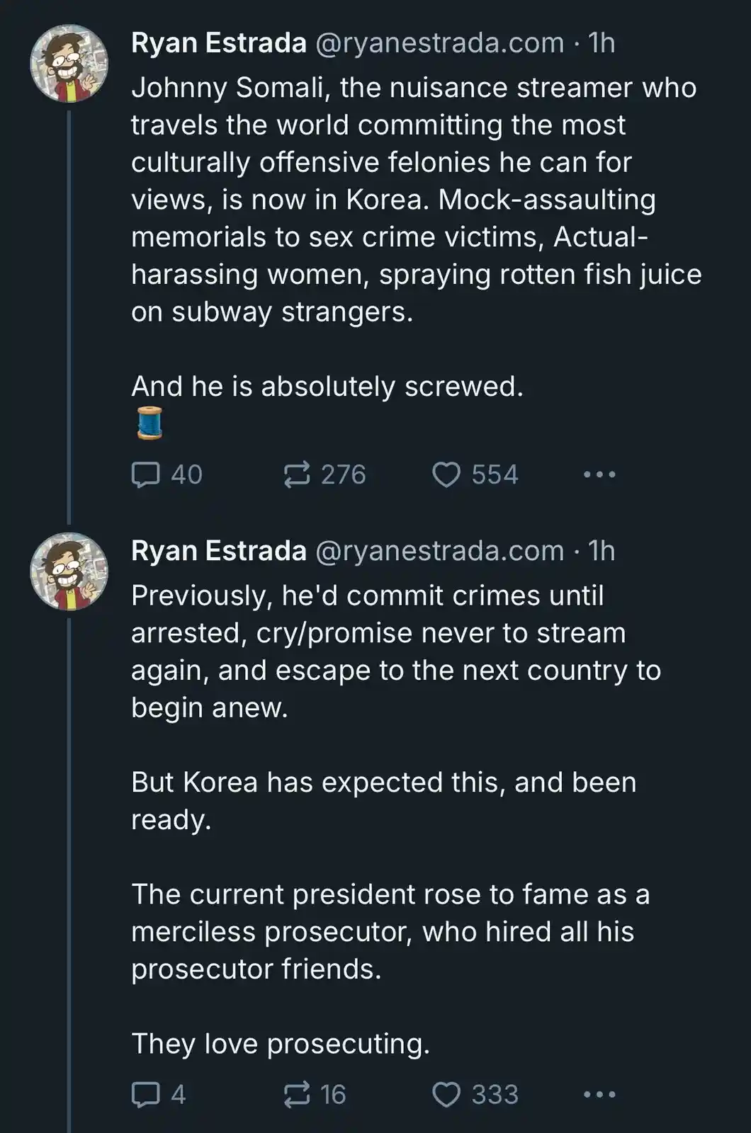 The image displays two tweets from Ryan Estrada about Johnny Somali, a streamer known for committing culturally offensive…