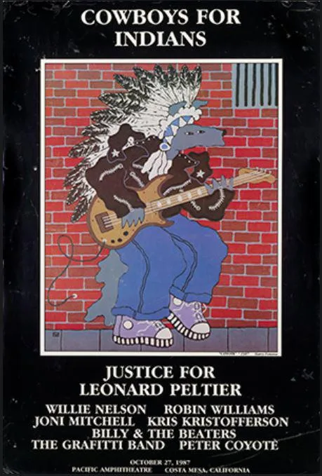 A poster for a 1987 concert titled 'Cowboys for Indians' featuring a cartoonish blue coyote wearing a Native American…