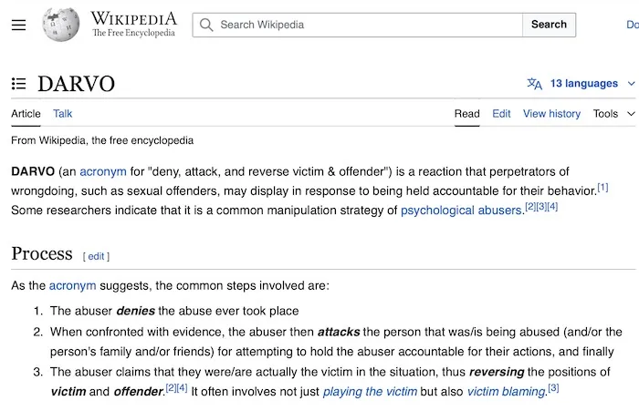 A screenshot of the Wikipedia page for 'DARVO' shows the definition and process of this psychological manipulation tactic…
