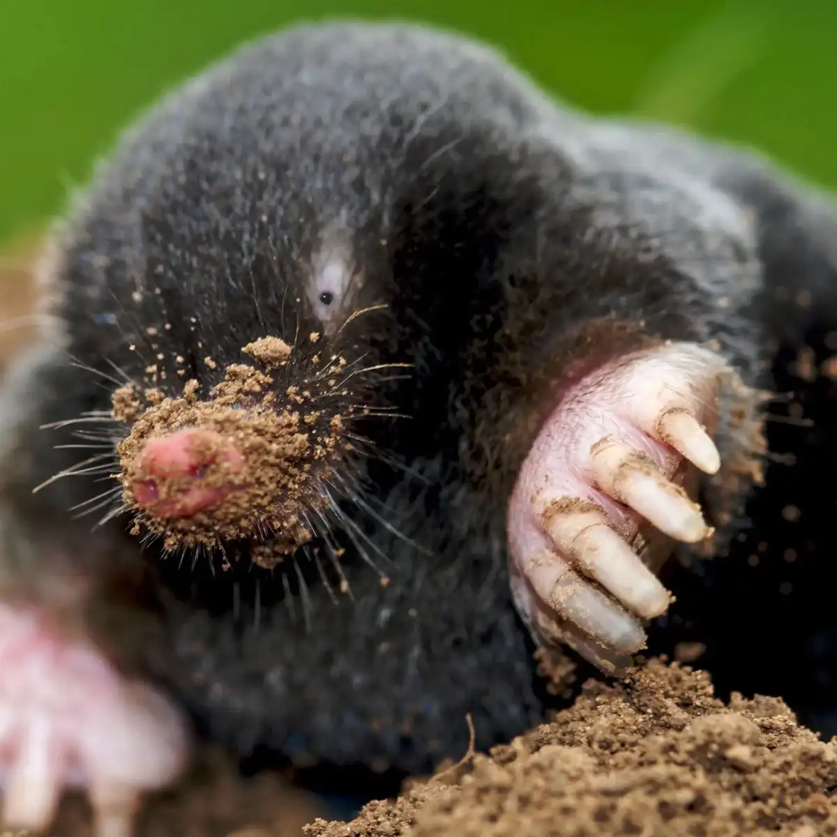 A close-up photo shows a dark-furred mole with dirt on its snout and large, clawed front paws, emerging from soil against a…