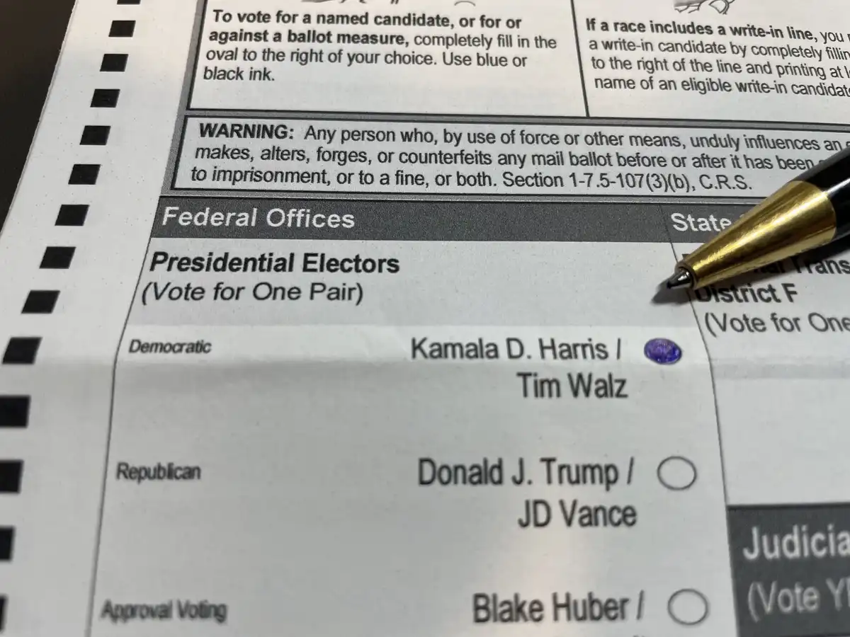 A close-up of a mail-in ballot showing the presidential electors section, where Kamala D. Harris and Tim Walz are listed…