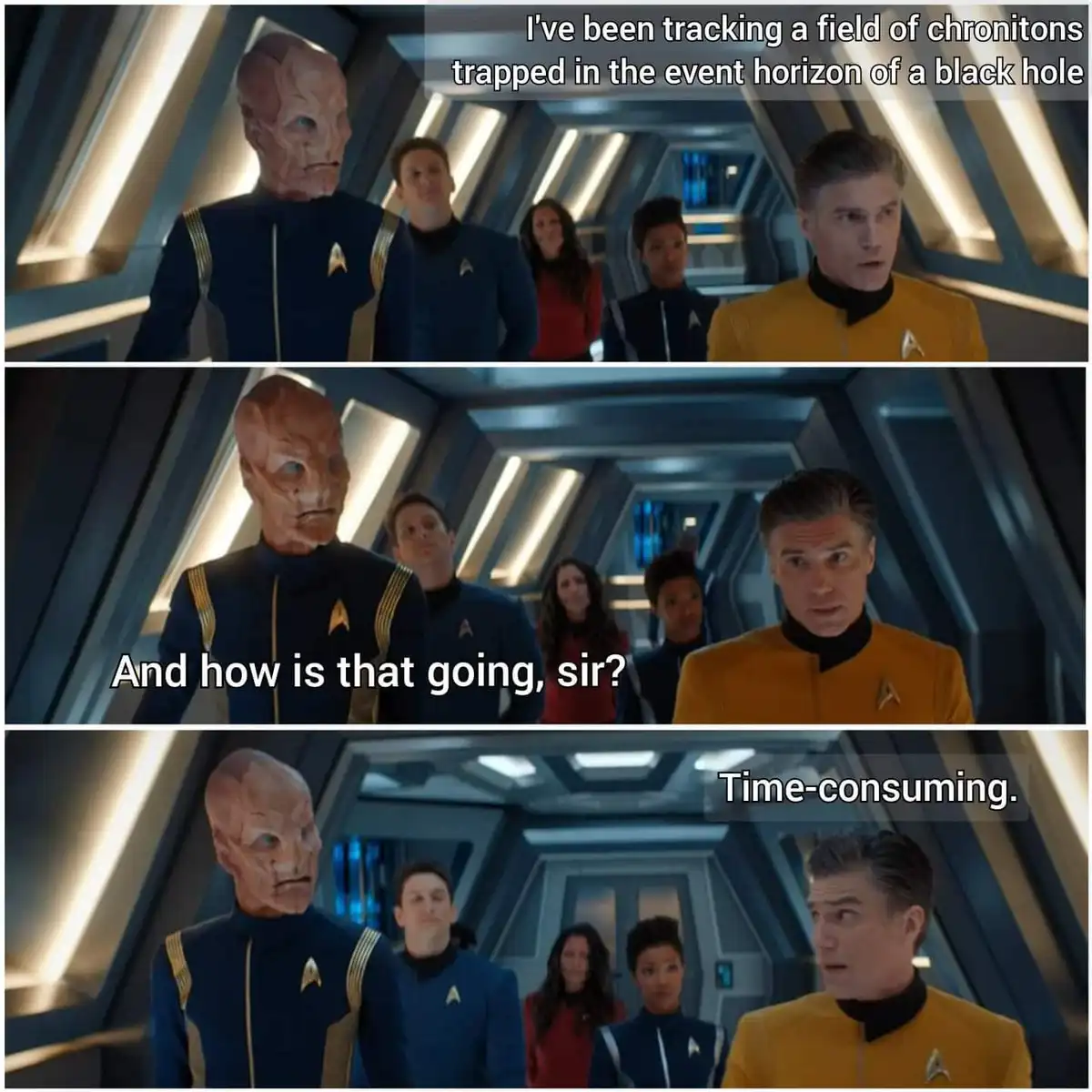 Three panels from a Star Trek scene show a Vulcan officer reporting to a captain about tracking chronitons in a black hole's…