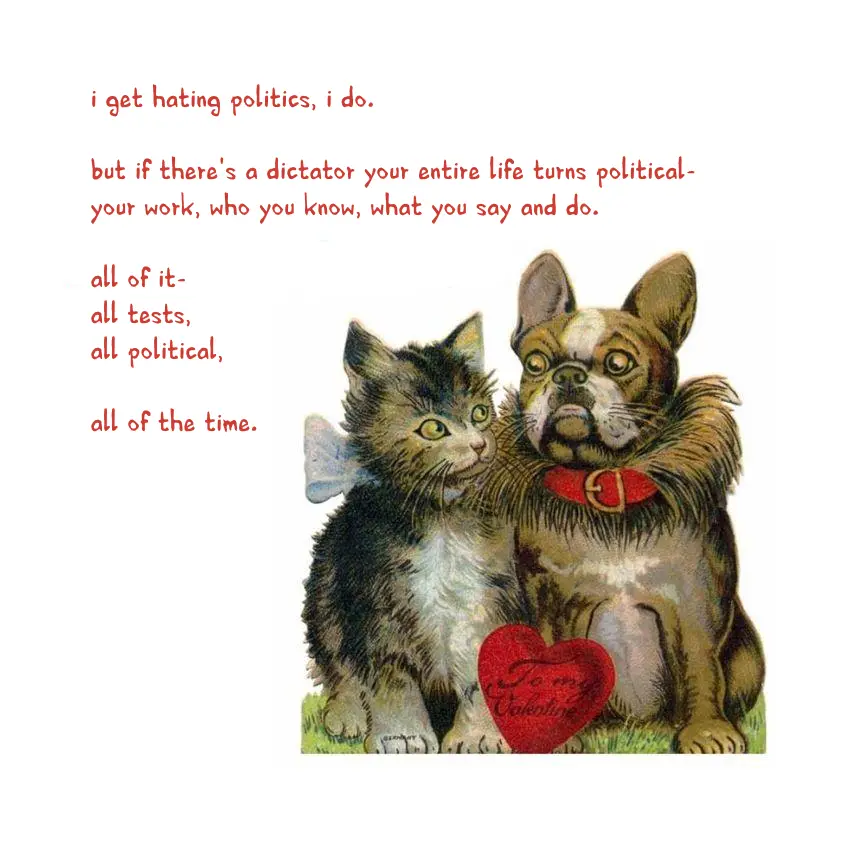 A vintage-style Valentine's Day illustration shows a fluffy kitten and a French bulldog sitting together on grass, holding a…