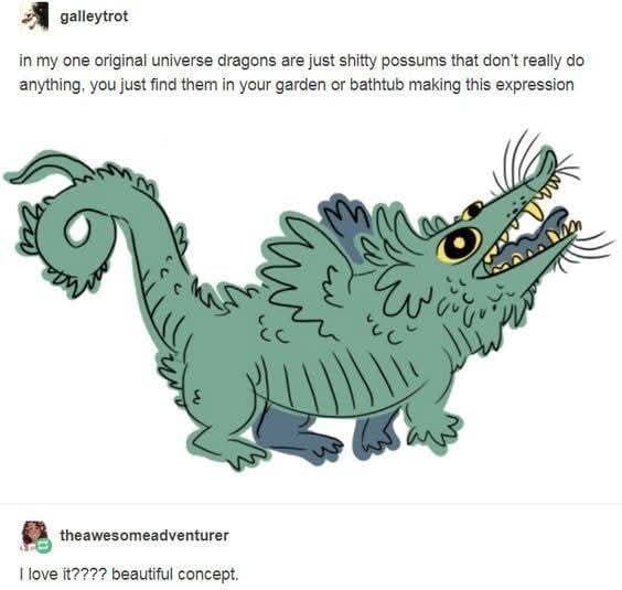 A cartoon drawing of a green, scaly, possum-like creature with a long tail, spiky back, and an open mouth showing teeth and…