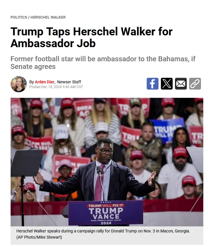 A news article screenshot shows Herschel Walker speaking at a Trump campaign rally, with supporters holding 'TRUMP' signs…