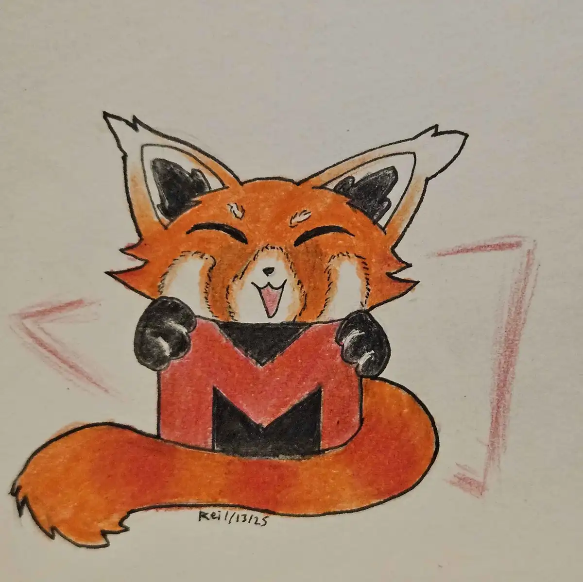 A hand-drawn cartoon red panda with orange fur, black-tipped ears, and a happy expression is peeking out from behind a large…