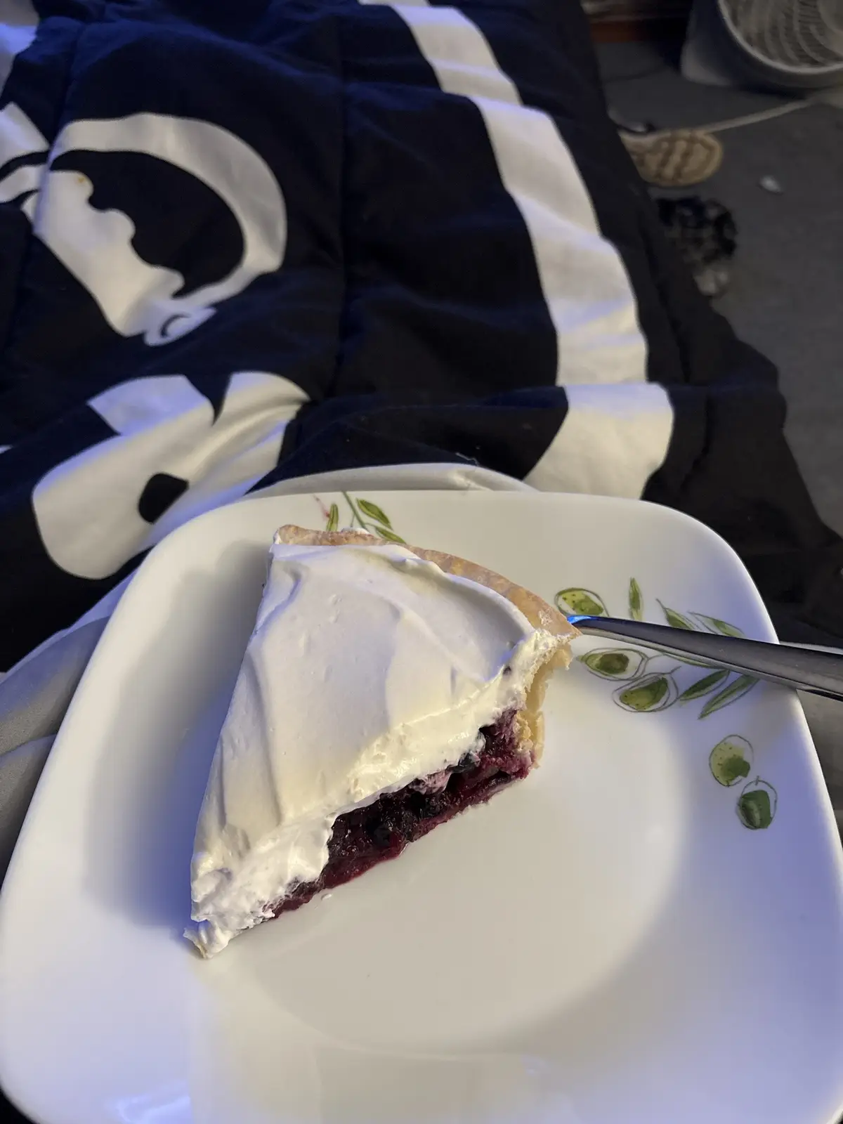A slice of berry pie topped with whipped cream sits on a white plate with a green leaf pattern, resting on a bed covered…