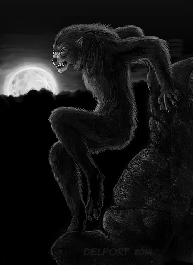 A black-and-white illustration of a menacing, hairy werewolf crouching on a rocky outcrop under a full moon. The creature…