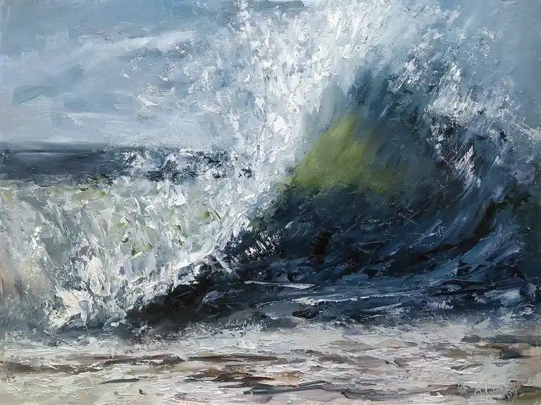 An oil painting depicts a large, crashing ocean wave with textured brushstrokes in shades of blue, white, and green…