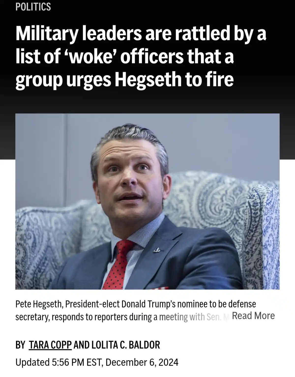 A screenshot of a news article about Pete Hegseth, showing him in a suit and red tie looking upward with a surprised…