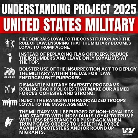 A black-and-white image of a man's face with overlaid text detailing a fictional 'Project 2025' plan for the U.S. military…