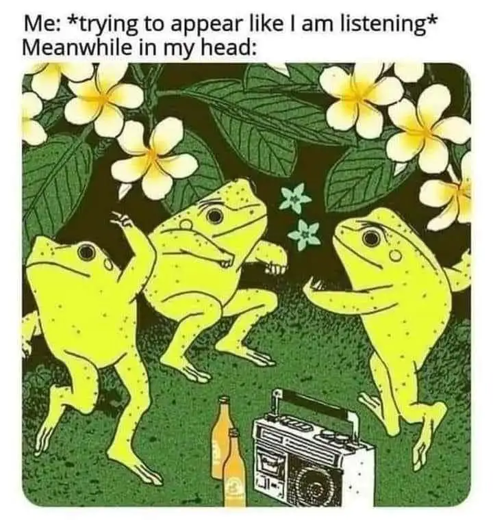 Three cartoon frogs are dancing energetically in a jungle setting with white flowers and green foliage. A boombox and two…