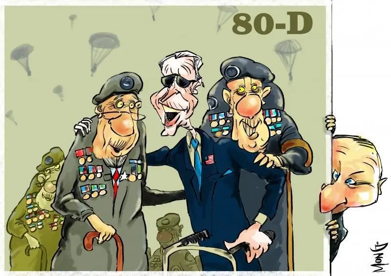 A cartoon depicts three elderly, caricatured military veterans with exaggerated features, medals, and walking sticks…