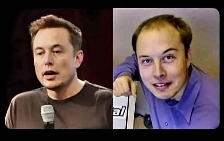 The image is a split-screen meme showing two photos of Elon Musk: on the left, he appears in a recent photo speaking into a…