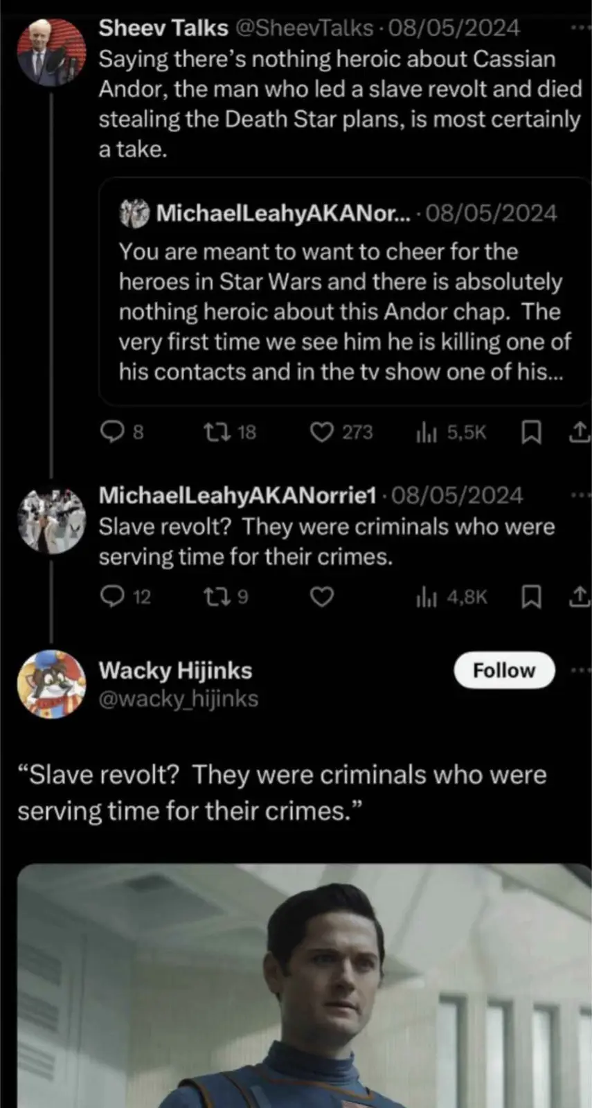 A screenshot of a Twitter thread discussing the character Cassian Andor from Star Wars, where a user named Wacky Hijinks…