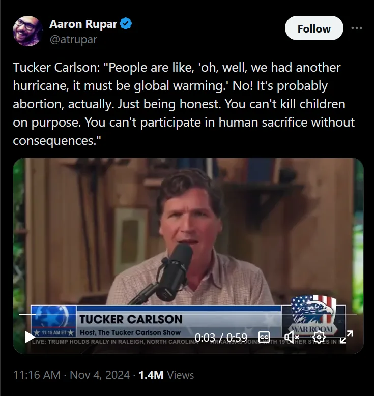 A screenshot of a Twitter post by Aaron Rupar featuring a video clip of Tucker Carlson speaking into a microphone. The…